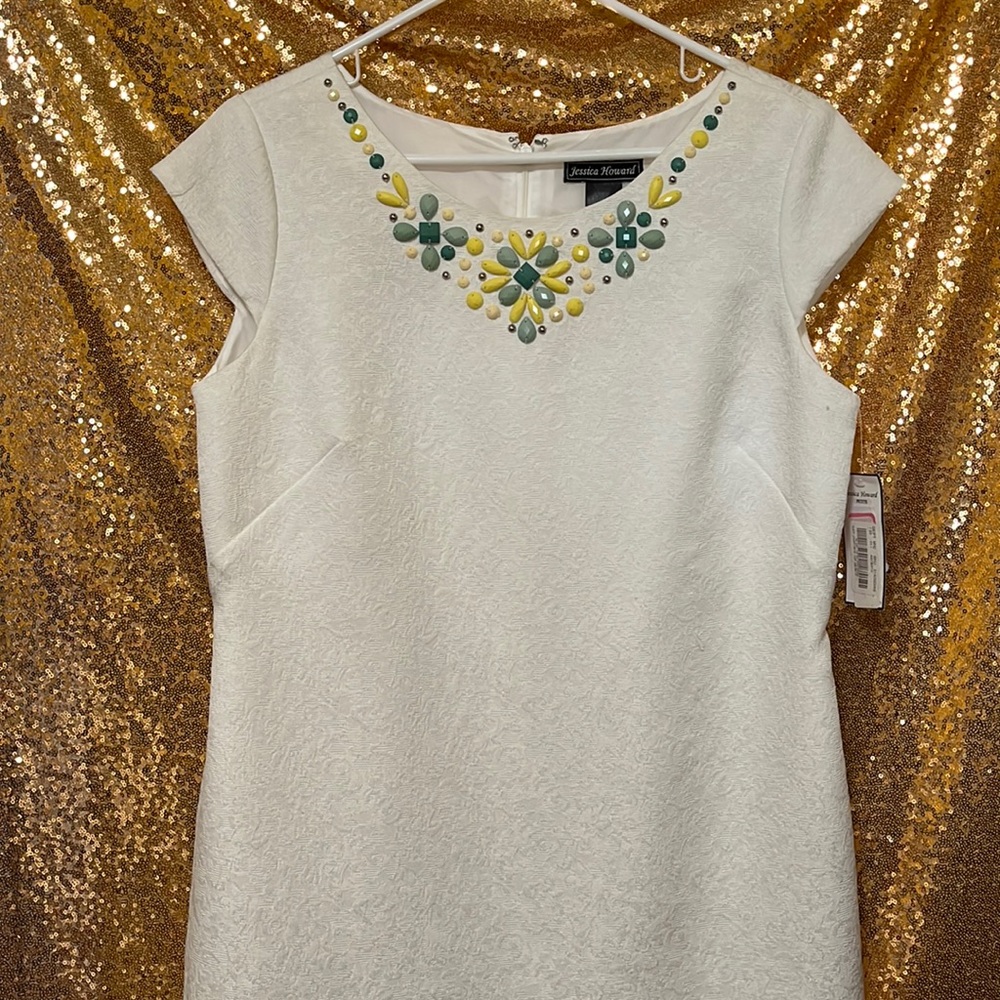White Jessica Howard Dress with Embelished Neck Line size 12P